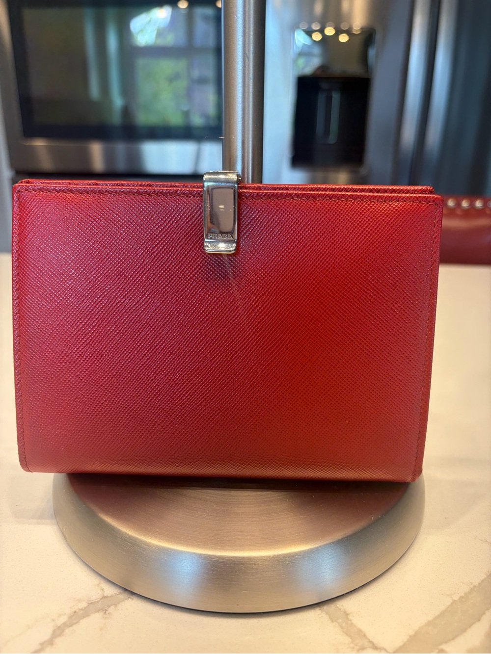 Prada Red Saffiano Leather Wallet with Silver Clip